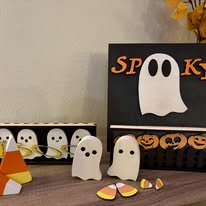 Spooky Halloween wooden ghost and candy corn display set — seasonal décor by Two Mittens